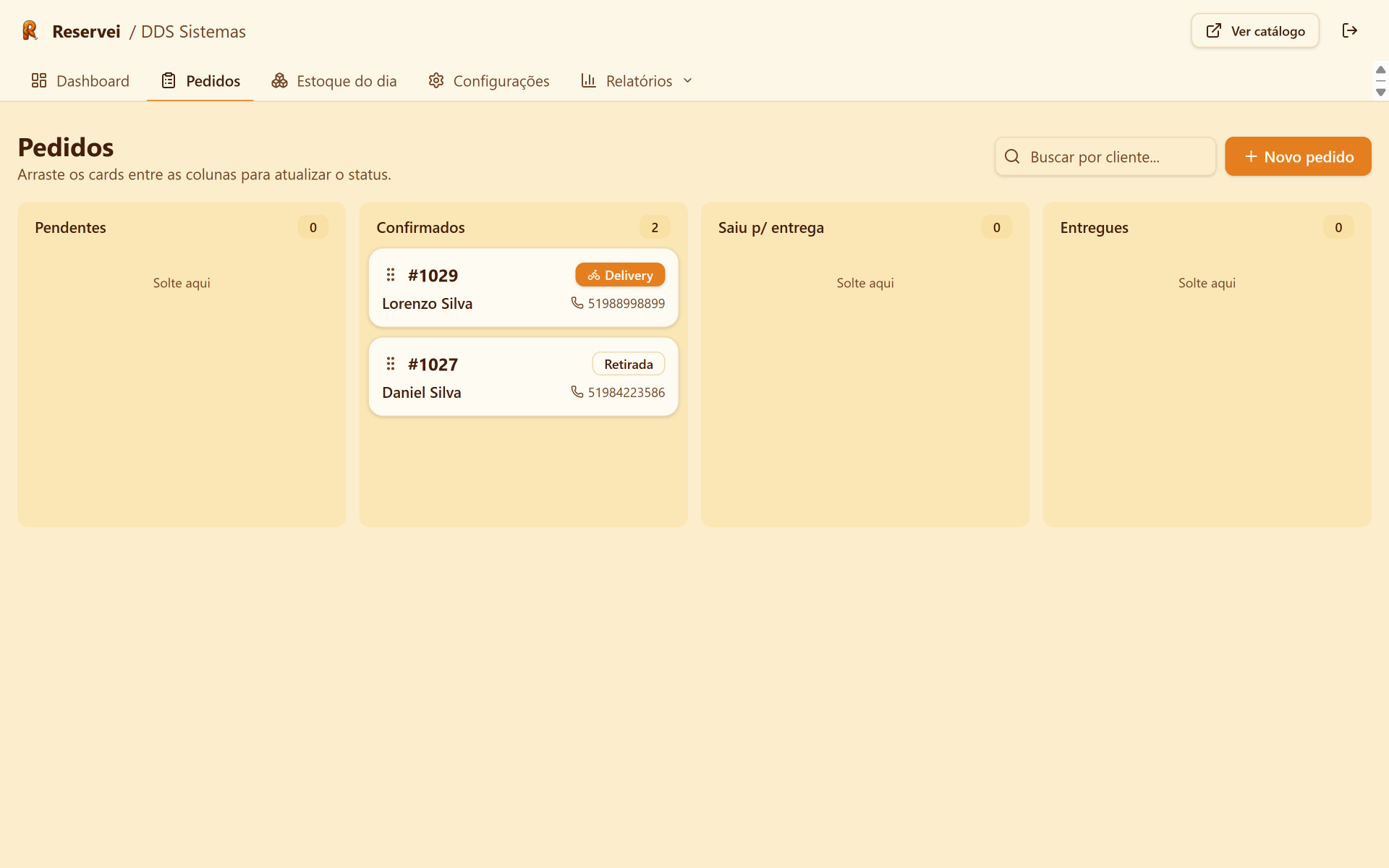 Quadro de pedidos kanban